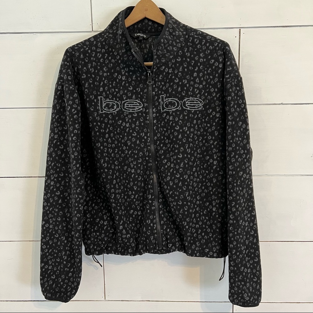 bebe Black Leopard Polar Fleece Full Zip Jacket. Size Large.